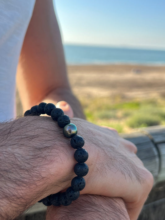 Bracelet Homme Kea, perles de roche volcanique et perle de Tahiti